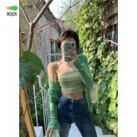 Design sense green V-neck long-sleeved knitted cardigan womens summer 2022 New lazy all-match close-fitting short top V728