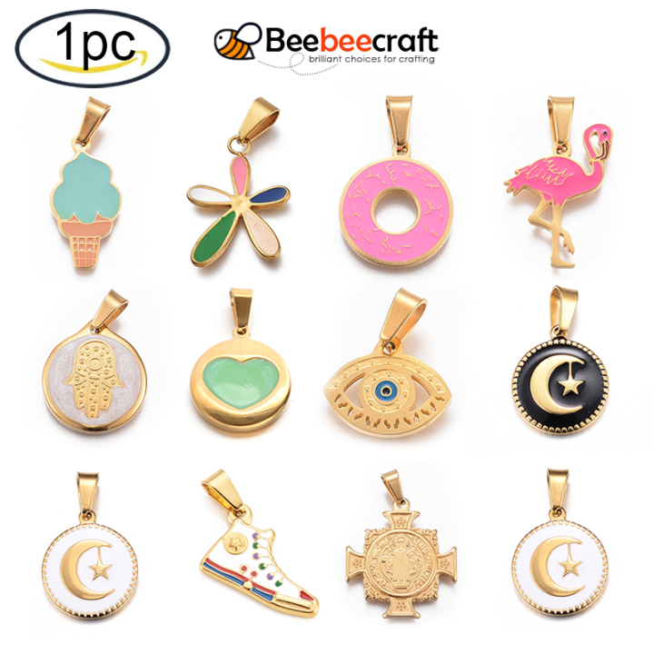 1 pc 304 Stainless Steel Enamel Pendants Ice Cream Golden Enamel Flat