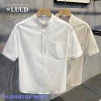 Top LUUD Solid Color Breathable Cotton And Linen Collar Shirt Mens Light Luxury Temperament Short-Sleeved Summer Casual Korean Style Trendy Inch Clothes YY ♗❈✼