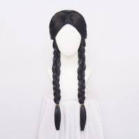 (วิกผมคอสเพลย์) วิกคอสเพลย์ Addams Sintetis Rambut Kepang Panjang Hitam Halloween + Topi Wig Gratis