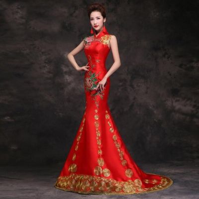 เซ็กซี่ผู้หญิงแขนกุดหางปลา Qipao เอเชียเจ้าสาวงานแต่งงานชุดเดรสหางยาวปักลวดลายจีนชุดกี่เพ้าลายดอกไม้ Vestidos
