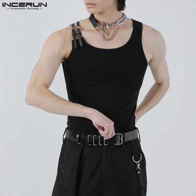 INCERUN เสื้อแขนกุดแฟชั่นสำหรับผู้ชาย,เสื้อทรงสกินนี่ปักหัวเข็มขัดแบบเรียบ (สไตล์เกาหลี)