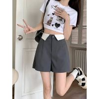 Color Stitching Turnover Neck High Waist Suit Shorts Womens Summer Thin Drooping Wide-Leg Pants Elastic Waist Design Casual Pants uHP6