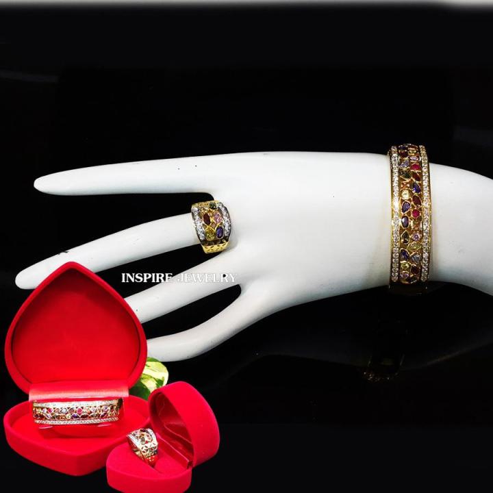 inspire-jewelry-ชุดเซ็ทแหวนนพเก้าพร้อมกำไลพลอยนพเก้าฝังเพชรcz-สองแถวบนล่าง-เพชรสวยเกรด-aaa-เพชรพลอยวิ้งเจิดจรัส-กำไลและแหวนหน้าsize-1-5cm