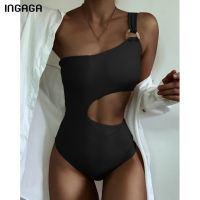 INGAGA y Swimsuit One Shoulder Swimwear Women 2022 New Cut Out Monokini Ring Linked Bodysuit Women Solid Beachwear