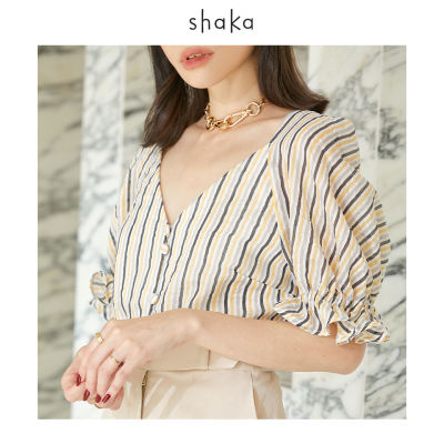 [EXCLUSIVE] Shaka - The Relax  Stripe Fitted Puff-Sleeve Blouse เสื้อคอวี ติดกระดุมแต่งปั๊มผ้าตัวกลางหน้า เข้ารูป แขนเสื้อพอง BL-S210221