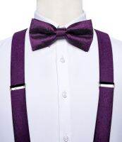 DiBanGu Luxury Purple Silk Men 39;s Suspenders Leather Metal 6 Clips Adjustable Braces Pre Tied Bow Tie Pocket Square Set 4008