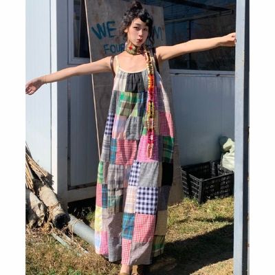 UNIQLO Bohemian Color Plaid Stitching Loose Dress Female Petite Seaside Vacation One-Shoulder Suspender Dress
