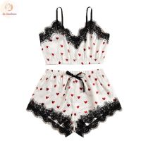 Women V-Neck Heart Print Lace Satin Camisole Pajamas Bowknot Shorts Lingerie Set