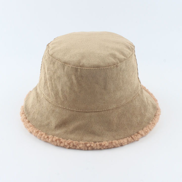 corduroy-reversible-bucket-hat-winter-lamb-wool-hats-for-women-men-panama-fishing-cap-flat-top-fisherman-hat