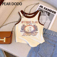 PEAR DODO ตัวอักษรวินเทจเกาหลีพิมพ์ลายเสื้อกล้ามสั้นสำหรับผู้หญิง