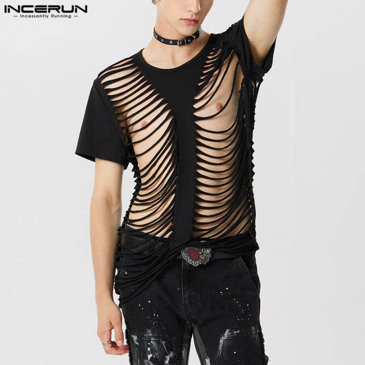 incerun-ผู้ชายแขนสั้น-streetwear-เสื้อธรรมดาบุคลิกภาพเสื้อยืดคอกลวงออกลูกเรือ-สไตล์ตะวันตก