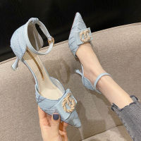 2021 spring summer new pointed high heels womens thin heel sandals womens Black head hollow button single shoes womens Pumps