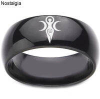 Pagan Triple Moon เทพธิดาแหวนสีดำ Mens Womens Steampunk Titanium เครื่องประดับ Wicca คาถาแม่มดแหวนสำหรับหญิง