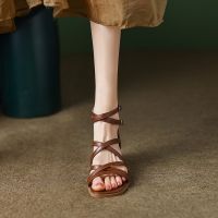 Sandals Women Summer Ankle Strap Buckle Strap PU Thin Heels Narrow Band Casual Womens Modern Shoes Brown Strap Rome