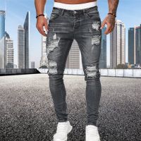 【YD】 Fashion Street Ripped Jeans Men wash Denim Trouser Mens fit pencil denim Pants hot