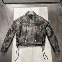 Leather Fashion Moto Jacket Vintage Sheepskin Leather Coat Lady Biker Jackets Distressed Detachable Sleeve QG5466