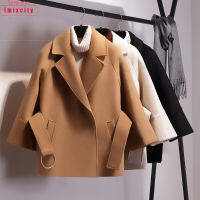 IMIXCITY ผู้หญิงผ้าขนสัตว์ Trench Coat แฟชั่นสีทึบ Slimming Coat แขนยาวชุดคอ Slim Fit Casual Jacket