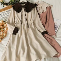 Neploe Vintage Hong Kong Style Bow Lace-up Women Dress Peter Pan Collar Long Sleeve Vestidos De Mujer Autumn High Waist Robe