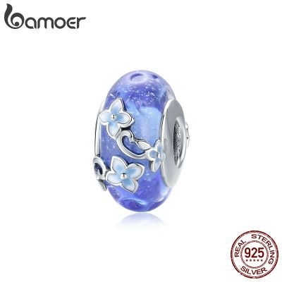 g2ydl2o bamoer Blue Glass Handmade  Bead Secret Garden Flower Hydrangeas for Women Original Silver 925 Bracelet  Silver Jewelry BSC390