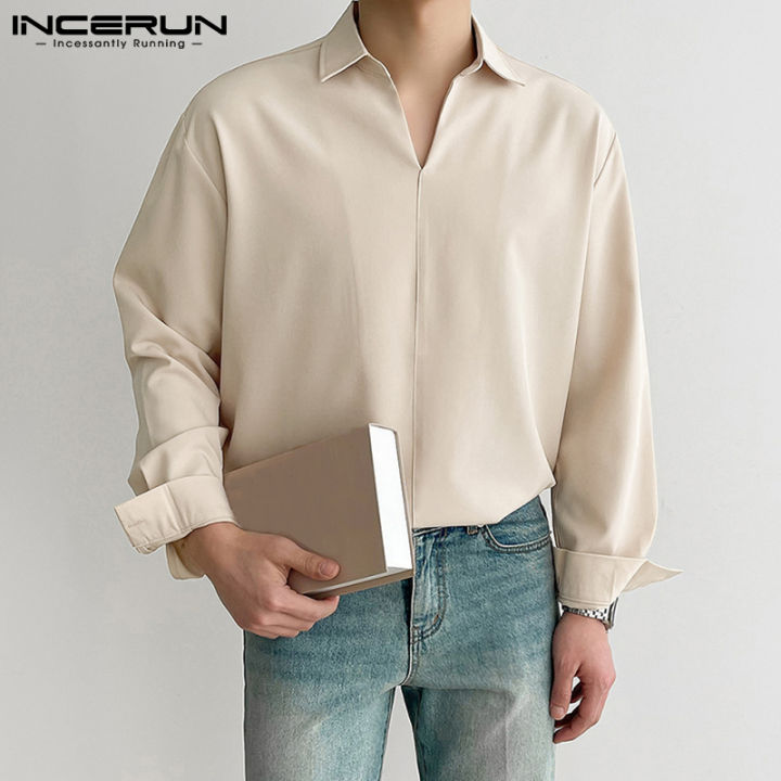 สไตล์เกาหลี-incerun-mens-henley-เสื้อแขนยาว-v-คอหลวม-fit-เสื้อสมาร์ทเสื้อยืดตัวสั้น