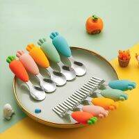 Kids Stainless Steel Spoon Fork Carrot Cartoon silicone Baby practice anti-fall Short Handle Baby Feeding Spoon fork Utensils Bowl Fork Spoon Sets