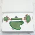 Anti Aging Natural Aventurine Jade Roller Green for face and Gua Sha Scraping Massage Tool Therapy with Double Neck Slimming Massager. 