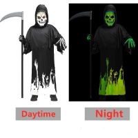 Halloween Scary Grim Reaper Costume Dark Ghost Glow Robe for Kids Boy Scary Phantom Costume Boys Grim Reaper Scythe Costume