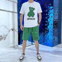 【July hot】 new short-sleeved suit mens trendy bear letter print casual sports two-piece