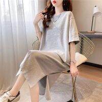 เสื้อผ้าแฟชั่นสำหรับสุภาพสตรี Contain cotton dress new summer loose big 2023 yards long in short sleeve T-shirt dress female split ins lazy skirt