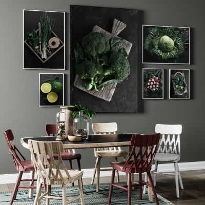 บรอกโคลีพริกหยวกแครอทมะนาวโปสเตอร์ศิลปะบนผนังผักผ้าใบวาดภาพห้องครัวตกแต่งบ้าน69F 0717
