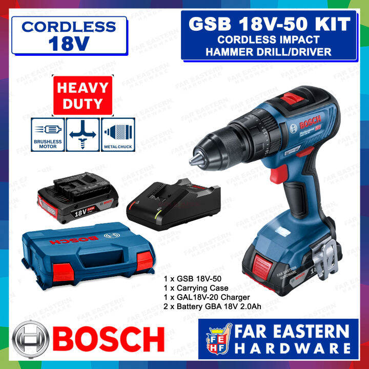 BOSCH GSB 18V50 Cordless Brushless Impact Hammer Drill Driver Kit w