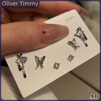 [Oliver Timmy] 6ชิ้นต่างหูพลอยเทียมสีเงินสำหรับผู้หญิงต่างหูเม็ดกลมรูปผีเสื้อน่ารักสไตล์เกาหลีต่างหูพังค์แฟชั่นชุดเครื่องประดับของขวัญ