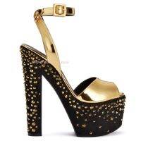 ◕ Gold Platform Crystal Stud Chunky Block Heel Sandals Women Strappy Black Peep Toe sandalias Luxury Designer Shoes Newest Hot