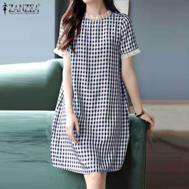 Zanzea Korean Style Women S Vintage Check Plaid Ruffles Dresses Stitching O Neck Sundress 11