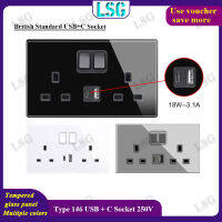 ซ็อกเก็ตไฟฟ้าติดผนังพร้อมพอร์ต USB และ Type-C ชาร์จได้เร็วแบบอัจฉริยะ PD18W 3.1A แผงกระจกนิรภัยชนิด146 มาตรฐาน UK เต้ารับสำหรับผนังจุดจ่ายไฟคู่3รู