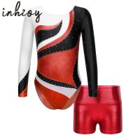 ✑❀™ Kids Girls Metallic Long Sleeve Leotard Bodysuit with Booty Shorts Set for Ballet Dance Gymnastics Skating Performance Dancewear