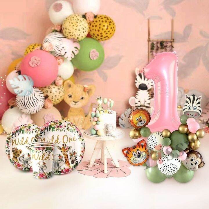 wild-one-pink-animal-themed-disposable-tableware-with-animal-balloon-tower-for-girl-39-s-jungle-forest-birthday-party-decorations