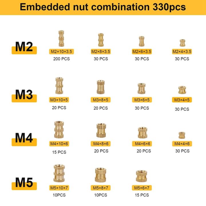 330-pcs-brass-threaded-insert-nuts-m2-m3-m4-m5-female-thread-knurled-nut-inserts-embedment-nut-for-3d-printing-part