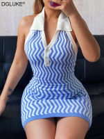 Blue Knitted Bodycon Dress Women Summer 2022 Halter Backless Mini Dress Vintage Striped y Short Dress Beach Club Wear