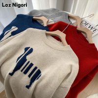 Laz Nigori เสื้อสเวตเตอร์ถักแบบสวมหัว,เสื้อสเวตเตอร์คอกลมทรงหลวมสีตัดกันใหม่2023ฤดูใบไม้ร่วงและฤดูหนาว