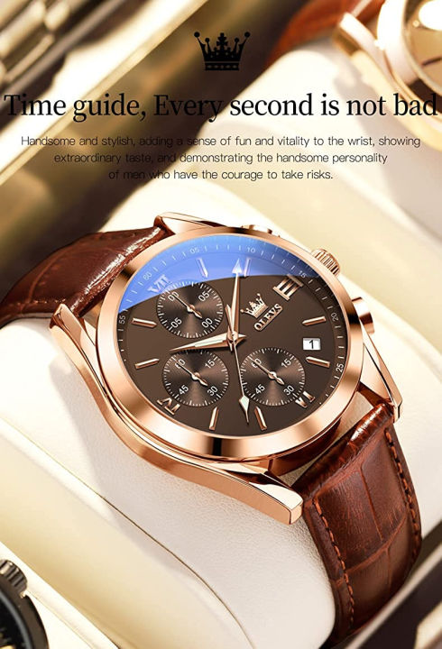olevs-mens-chronograph-quartz-watches-leather-strap-gold-case-with-day-date-waterproof-stainless-steel-wrist-watch-luminous-hand-analog-watches-for-men-brown-black-blue-white-dial-leather-strap-coffee