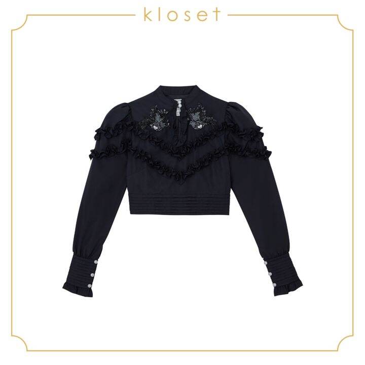 kloset-ruched-puff-sleeves-crop-top-rs21-t004-เสื้อแฟชั่น-เสื้อผ้าพื้น-เสื้อแขนยาว-เสื้อเชิ้ต-เสื้อแต่งดีเทลปัก-เสื้อผ้าแฟชั่น