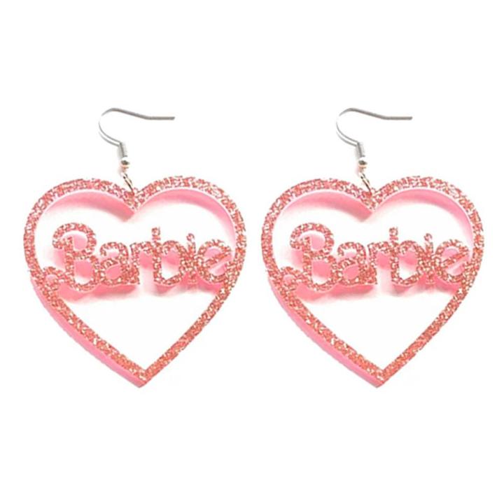 ต่างหูแฟชั่นต่างหูตุ๊กตาบาร์บี้-barbiepink-หัวใจอะคริลิคต่างหูฮิปฮอป-barbiecore-v6n8