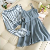 COD DSFGERRTYTRRE stripe crop sweater and spaghetti strap dress two piece set women casual korean outfits 2 pcs suits clothes