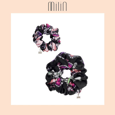 [MILIN] Soft satin elastic hair tie jewels print scrunchies set เซ็ท ยางมัดผม แบบยางยืด ขนาดใหญ่/เล็ก ผิวซาติน พิมพ์ลาย Jewels Scrunchies Set สีดำ/ สีขาว