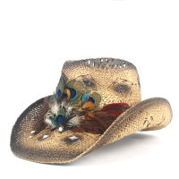 2019 Women Straw Hollow Western Cowboy Hat Lady Handmade Peacock Feather Sombrero Hombre Beach Cowgirl Jazz Sun Hat Size 56-58CM