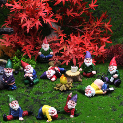 12PCSet Mini Fairy Garden Drunk Yoga Gnomes Miniature Ornaments Set Dwarf Bonfire Statues Flowerpot Garden Decor Accessories