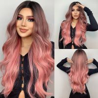 Pink Wigs For Women Long Wavy Wig Middle Part Cosplay Wig Synthetic Heat Resistant Wig Natural Hair Looking