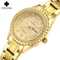 WWOOR Luxury Brand Diamond Watch For Women Fashion Dress Gold Watch Women Elegant Quartz Date Ladies Bracelet Watch Reloj Mujer